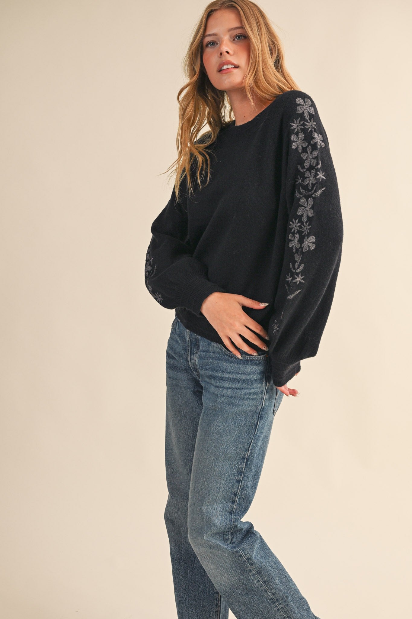 Embroidered Sleeve Sweater- Charcoal-