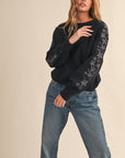 Embroidered Sleeve Sweater- Charcoal-