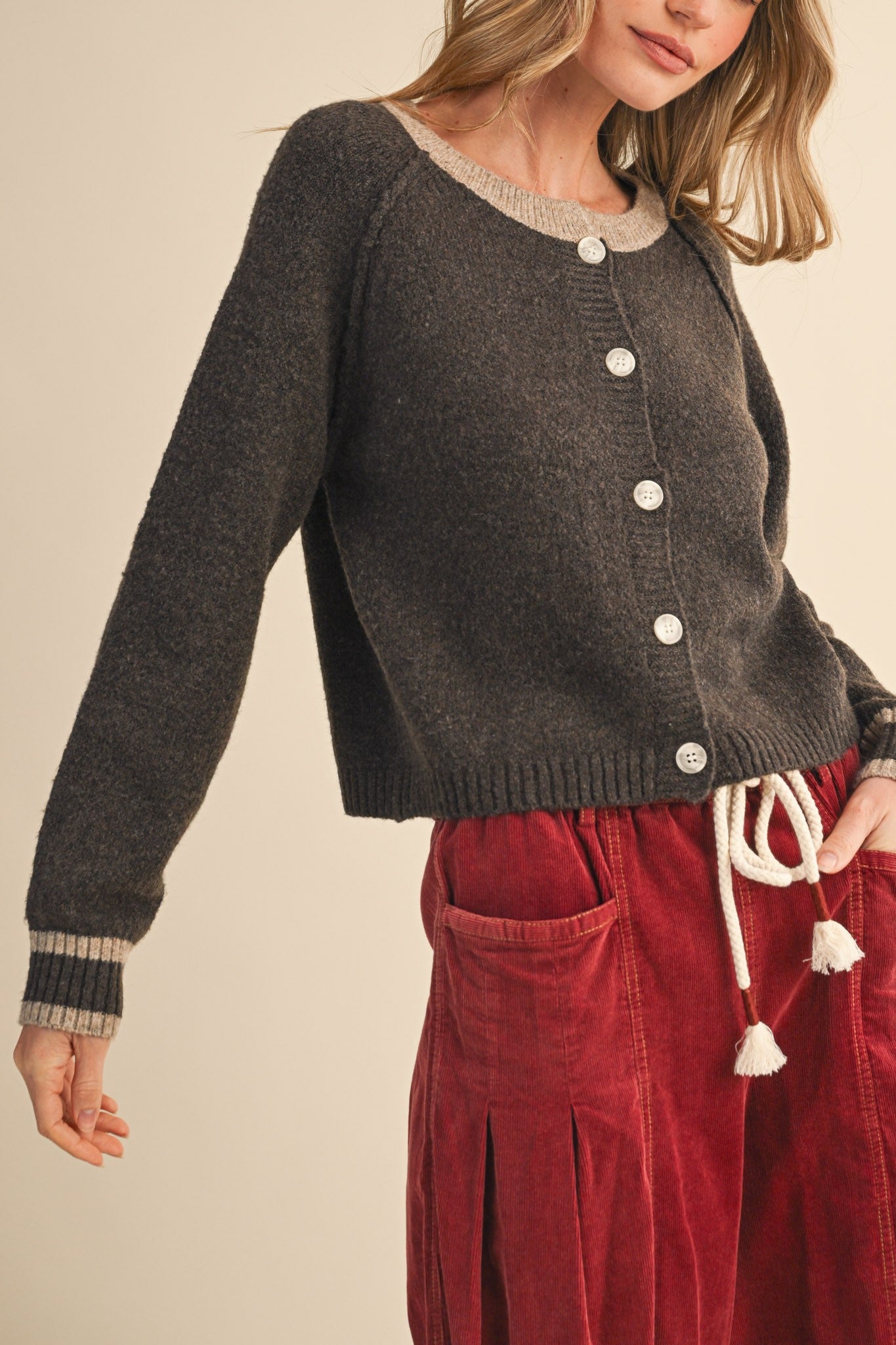 Contrast Hem Cardigan- Brown