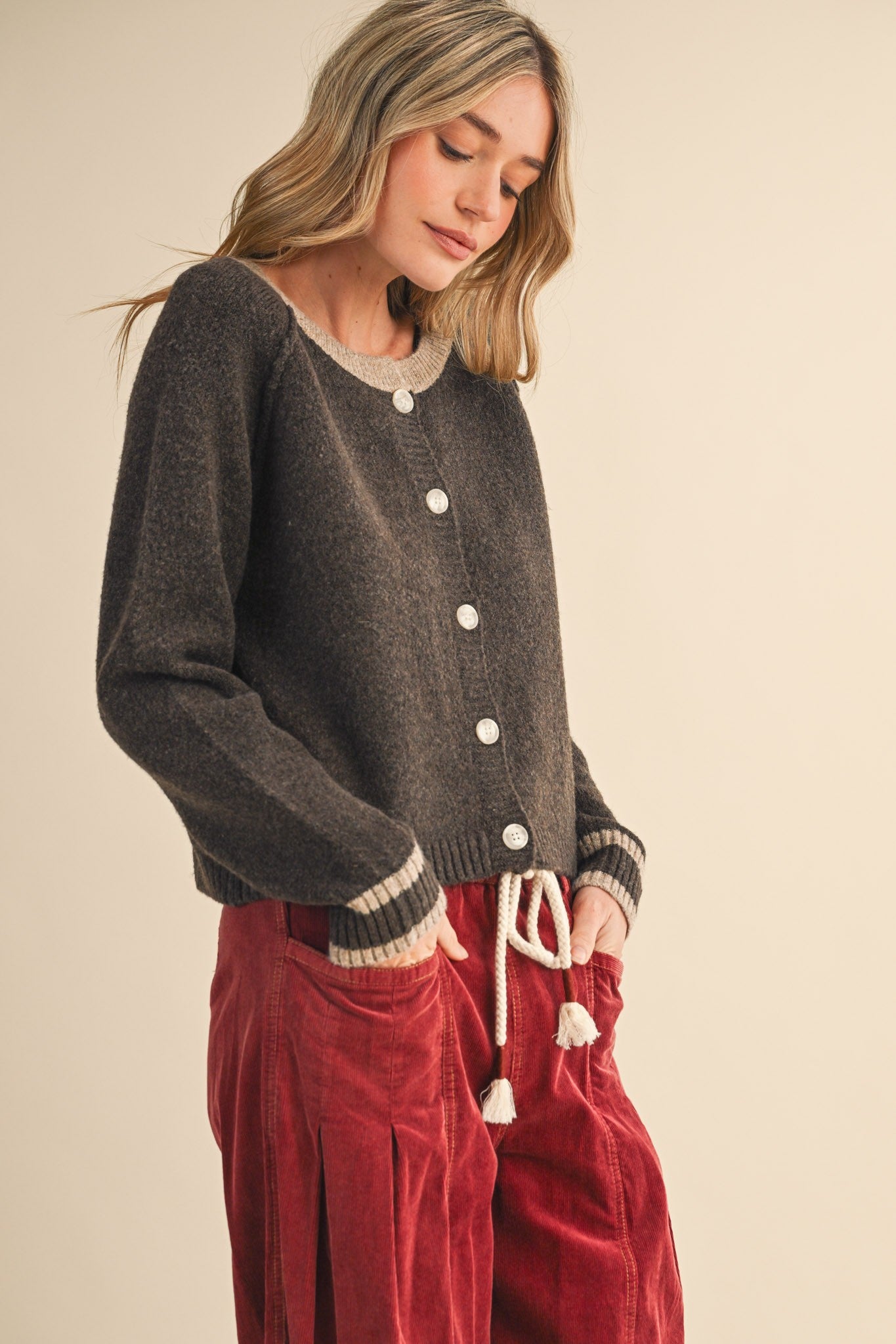 Contrast Hem Cardigan- Brown