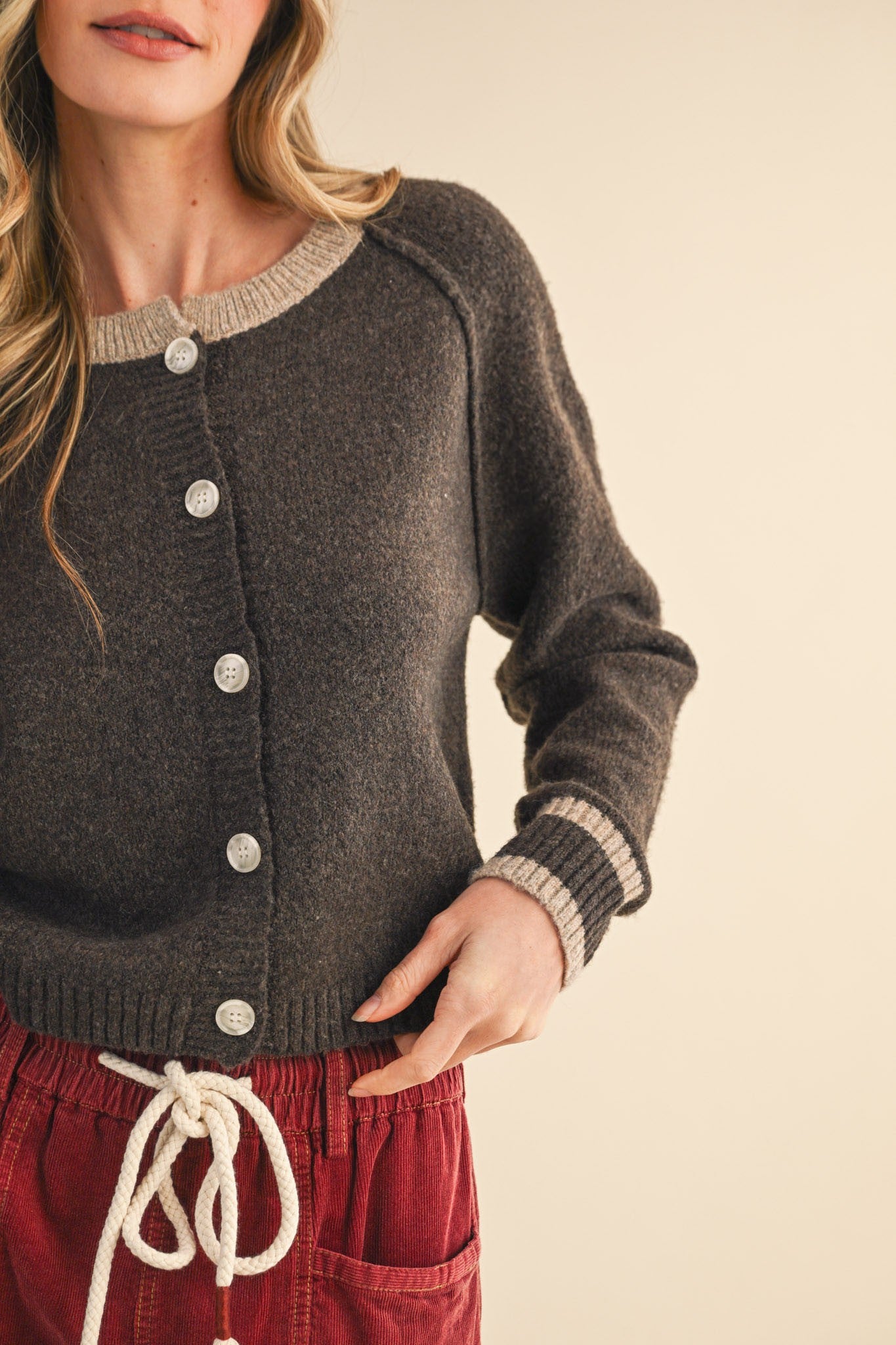 Contrast Hem Cardigan- Brown