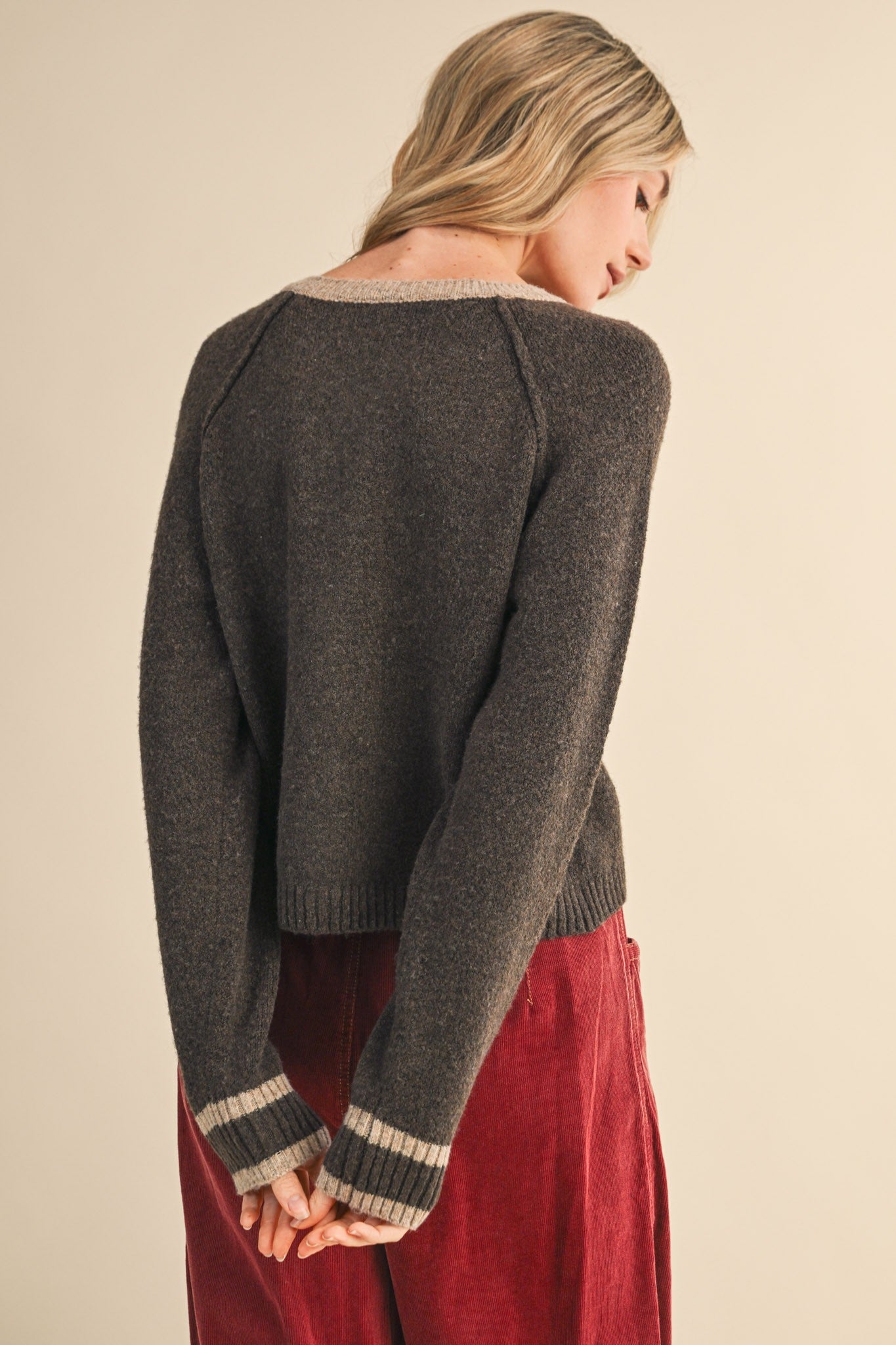 Contrast Hem Cardigan- Brown
