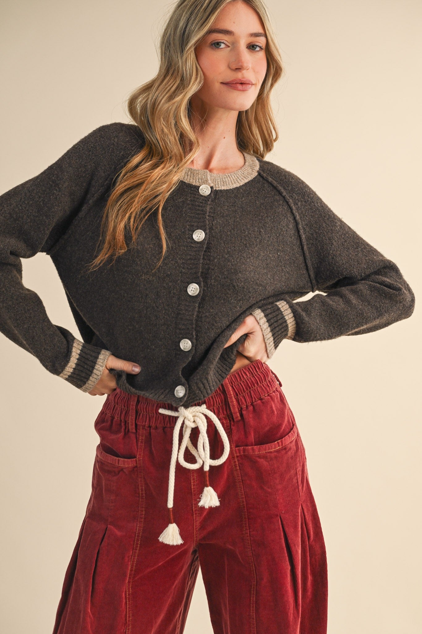 Contrast Hem Cardigan- Brown