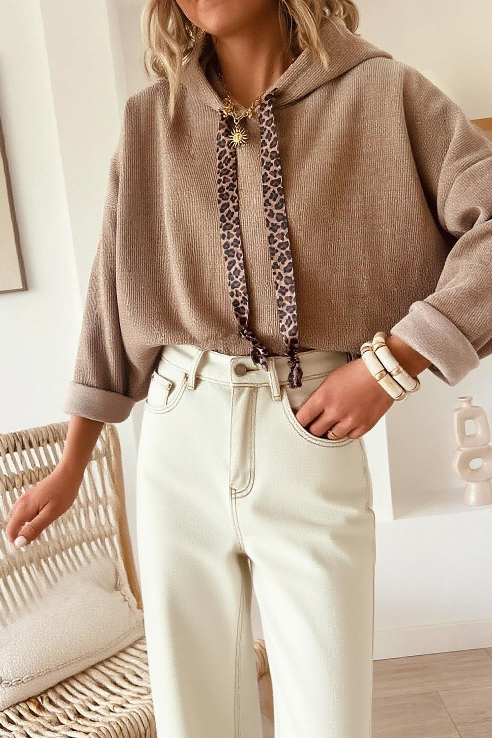 Cropped Waffle Knit Hoodie -