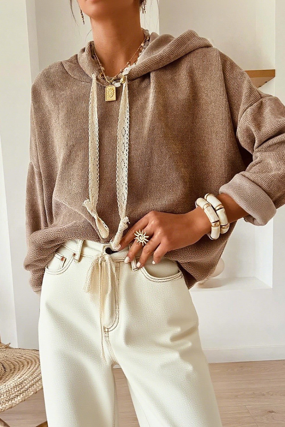 Cropped Waffle Knit Hoodie -