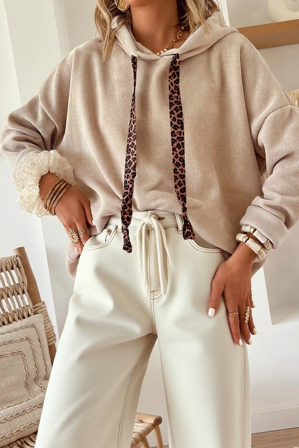 Cropped Waffle Knit Hoodie -