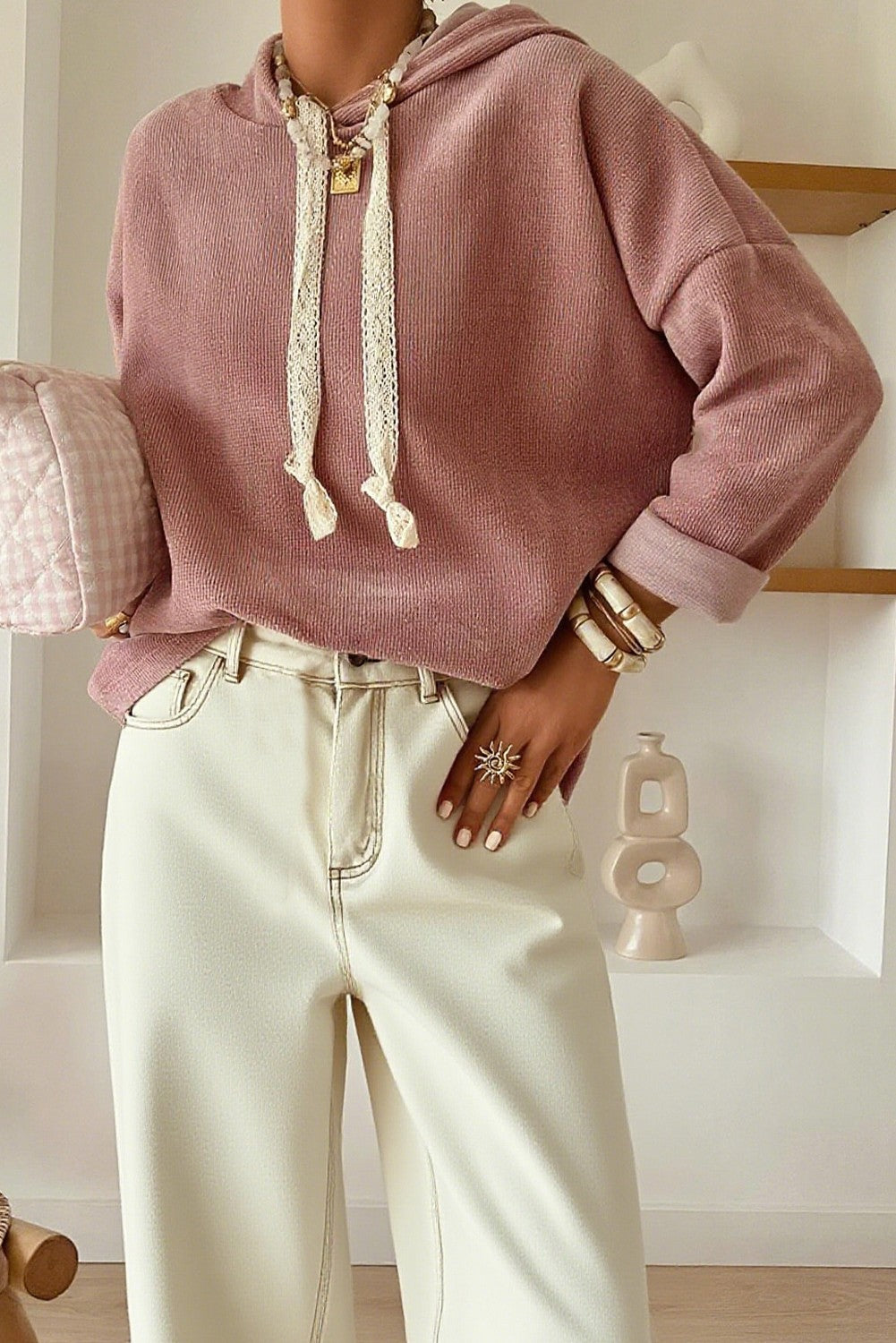 Cropped Waffle Knit Hoodie -