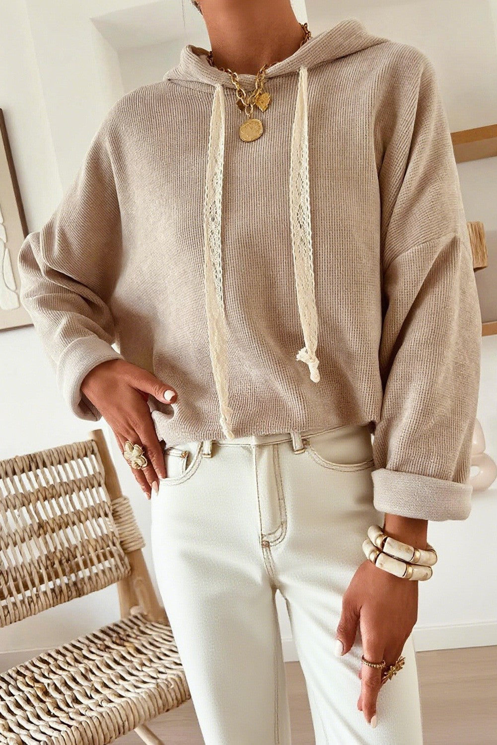 Cropped Waffle Knit Hoodie -