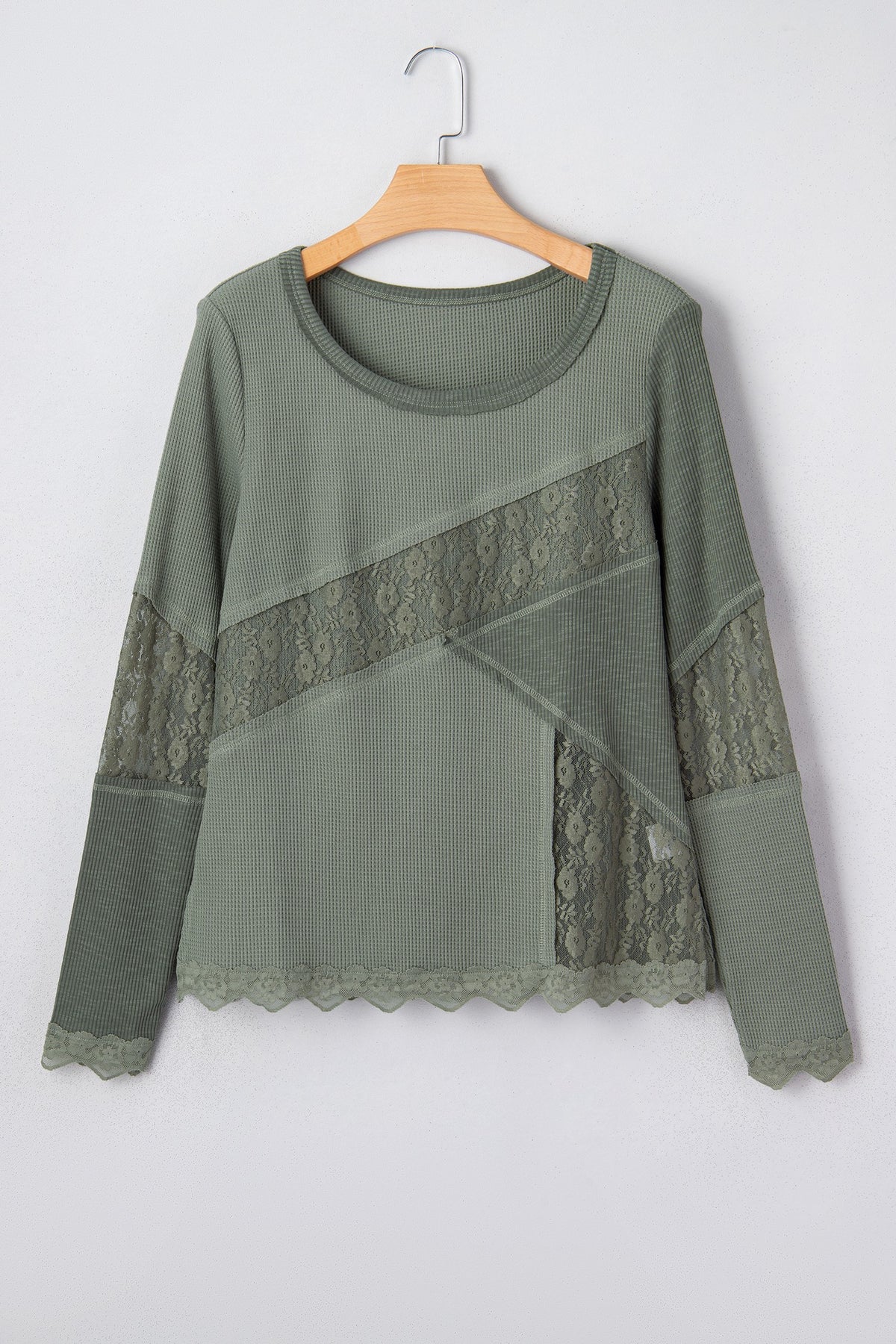Waffle Lace Knit Shirt- Green-