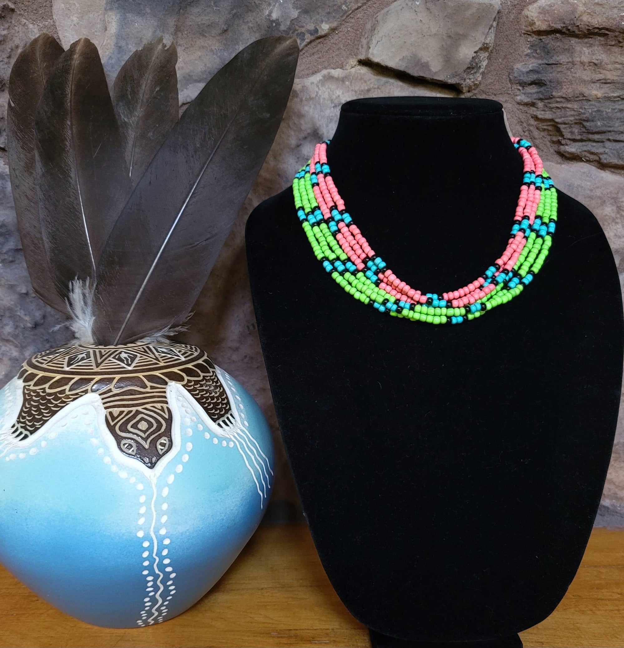 Turquoise and Glass Bead Necklace- Native Made