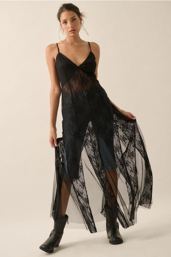 sheer mesh & lace patchwork maxi dress DAZY Black Floral Sheer Mesh Lace Patchwork Long Dress,Flare Sleeve Mermaid Hem,Elegant Formal Prom Maxi Dresses For Women,Autumn Seductive Party Wear