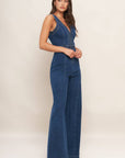 V-Neck Wide Leg Jumpsuit- Medium Indigo