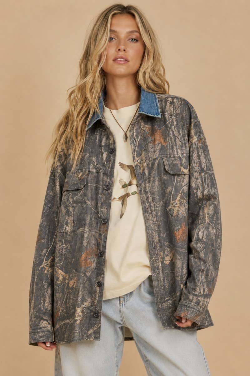 Denim Collar Camo Shacket-