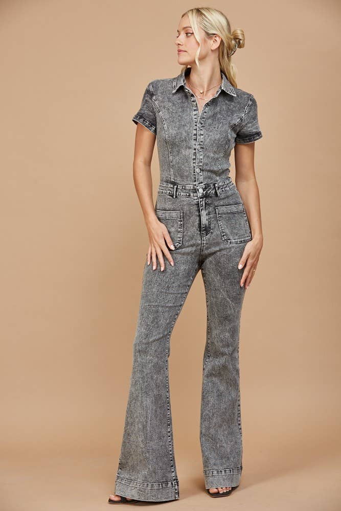 Short-Sleeve Denim Jumpsuit- Distressed Grey