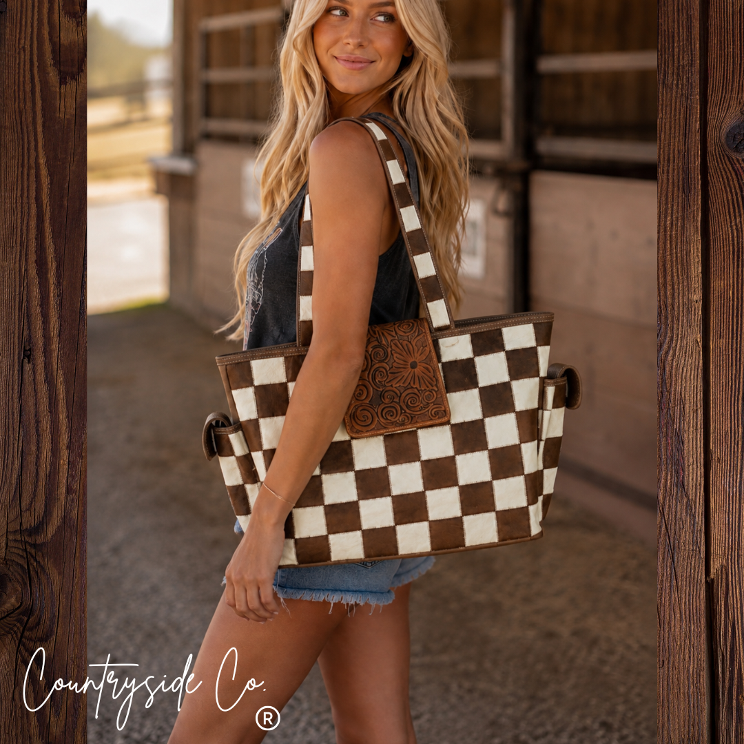 The Homestead Cowhide Checkered Tote Carryall: Black