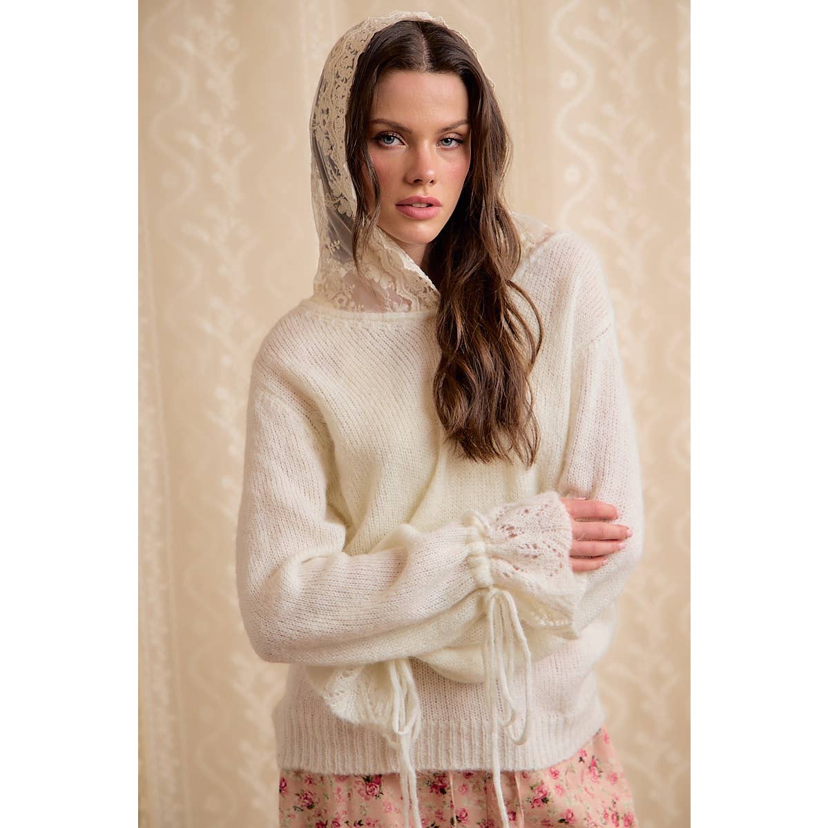 Ivory Sweater with Lace Hood-