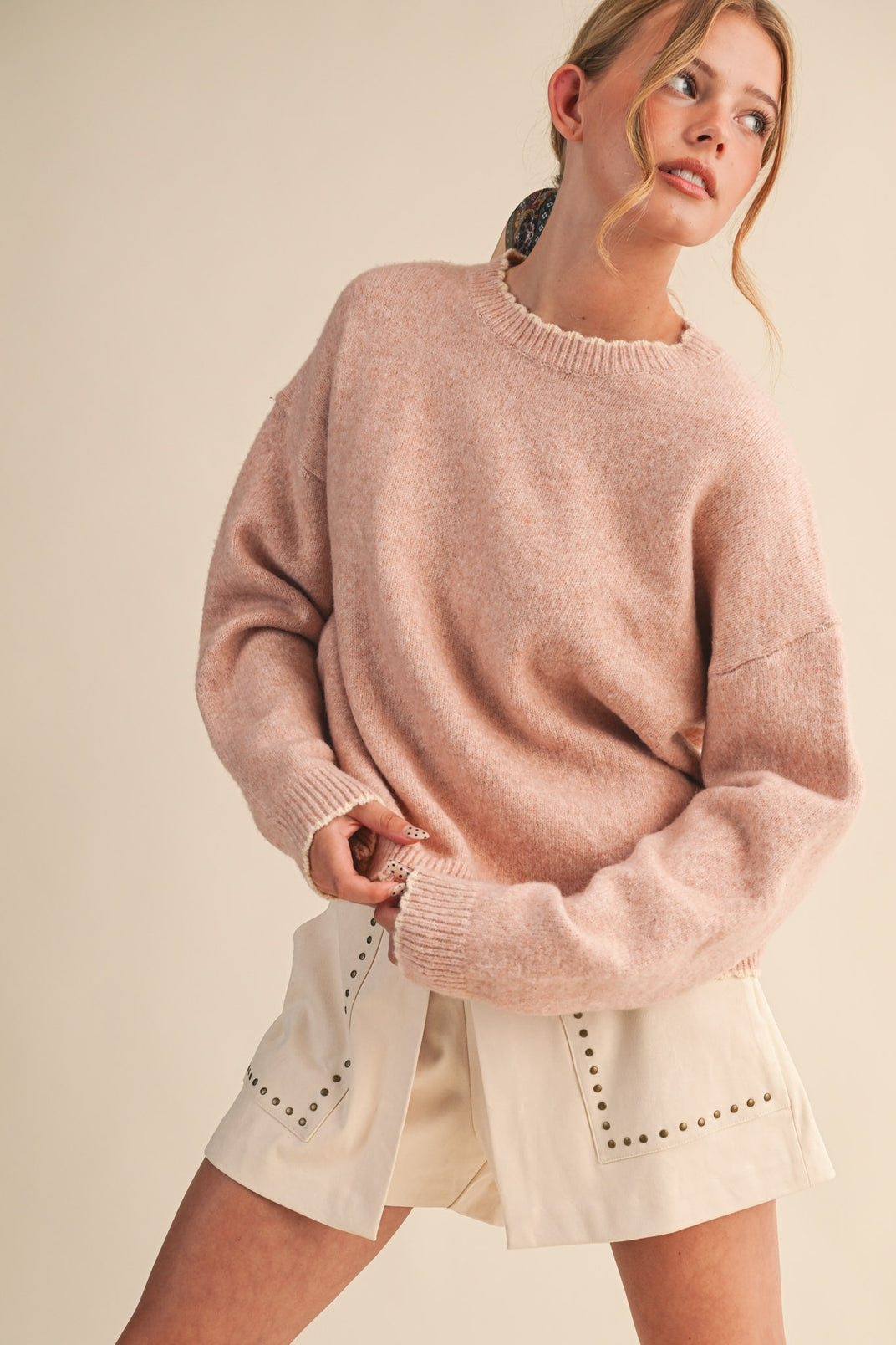 Contrast Scallop Sweater- Pink-