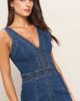 V-Neck Wide Leg Jumpsuit- Medium Indigo