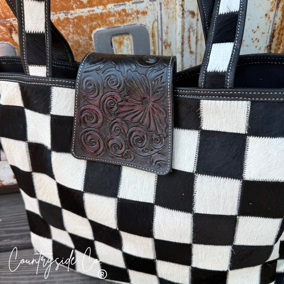 The Homestead Cowhide Checkered Tote Carryall: Black