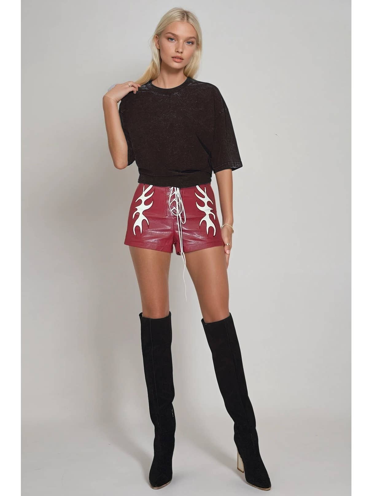 Vegan Leather Lightning Shorts - Red-