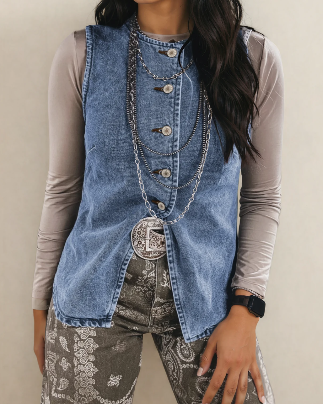 Long Denim Vest- Medium Blue