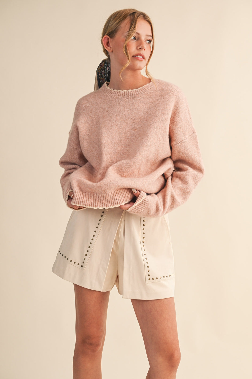 Contrast Scallop Sweater- Pink-