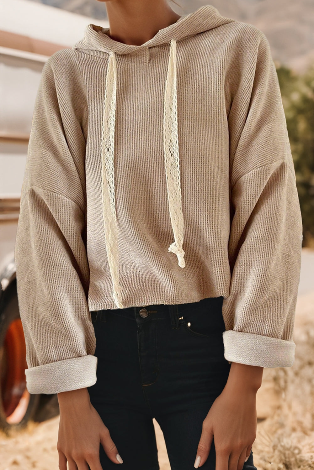Cropped Waffle Knit Hoodie -