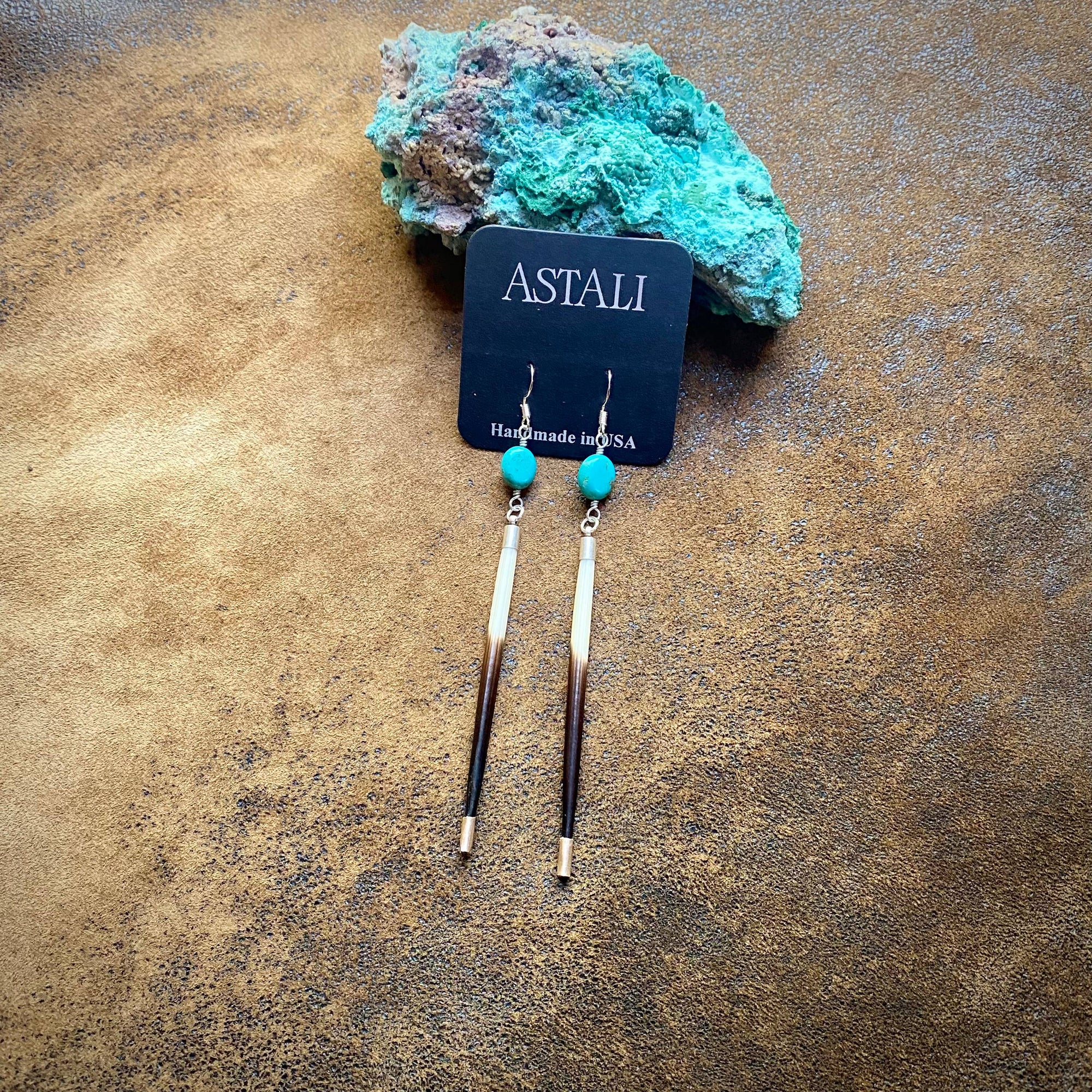 Porcupine Quill &amp; Turquoise Earrings, with Silver Earwires