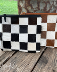 Checkered Cowhide Make Up Toiletry Bag Wristlet: Black