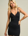 Notched V-Neck Bodycon Dress- Black