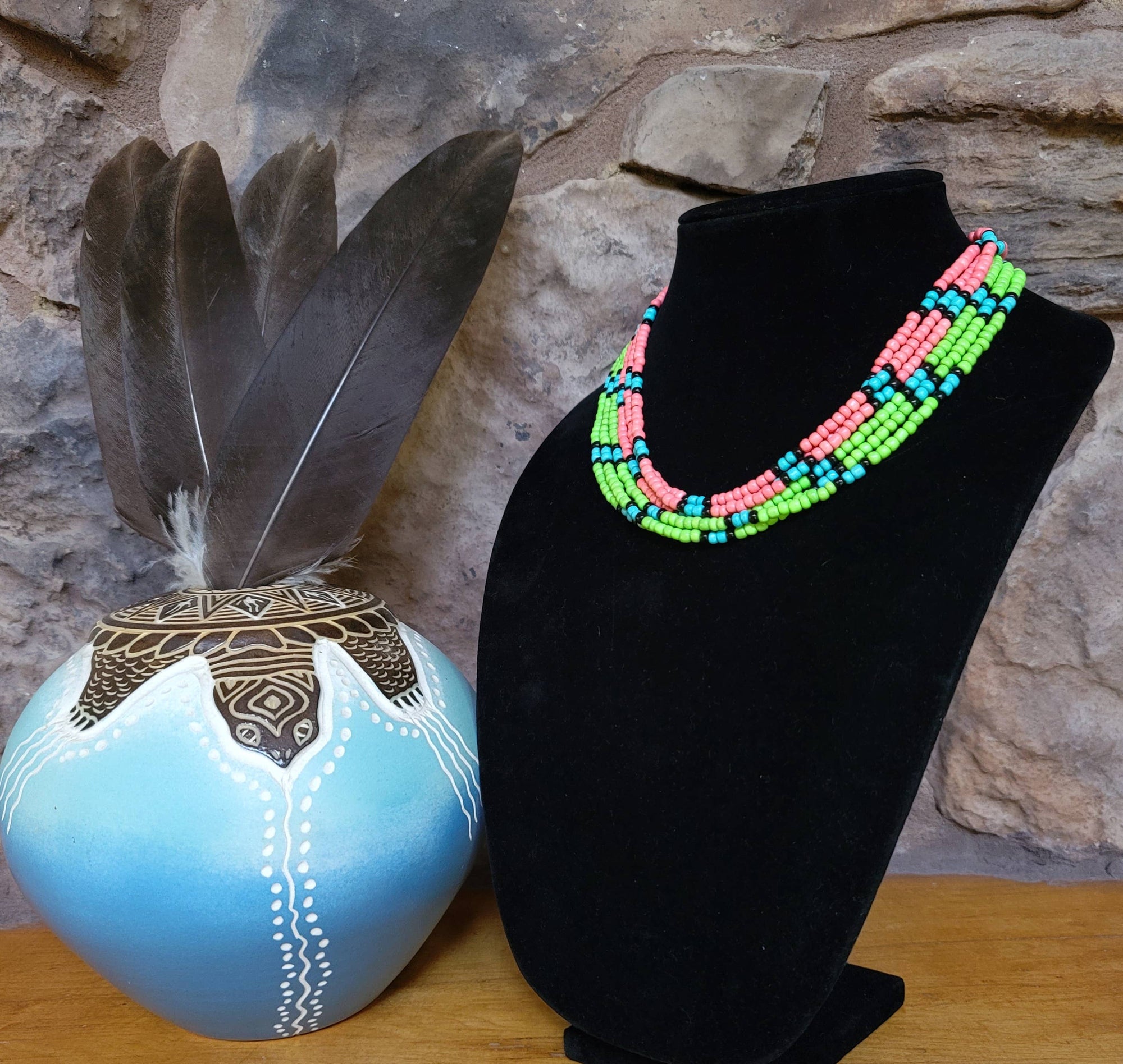 Turquoise and Glass Bead Necklace- Native Made