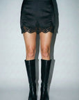 Satin Lace Trim Skirt- Black