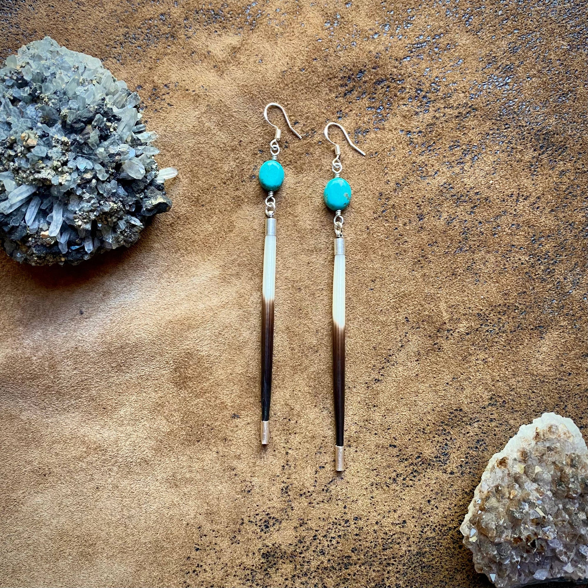 Porcupine Quill &amp; Turquoise Earrings, with Silver Earwires