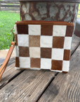 Checkered Cowhide Make Up Toiletry Bag Wristlet: Black
