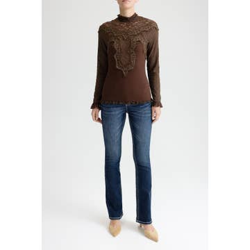 Mock Neck Lace Top- Brown-