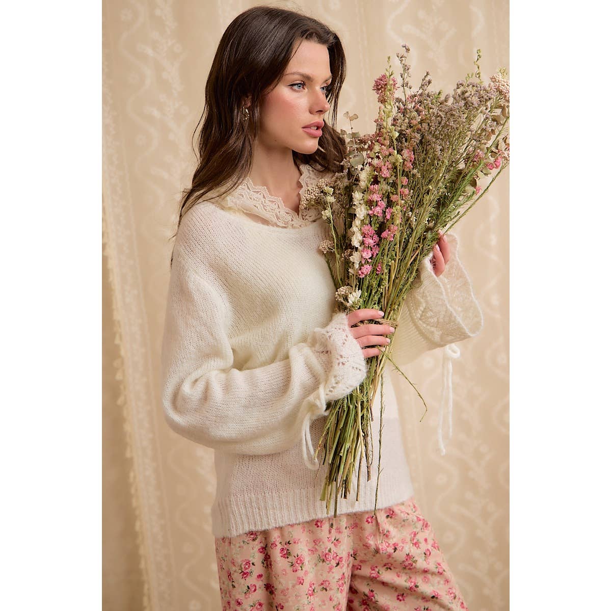 Ivory Sweater with Lace Hood-