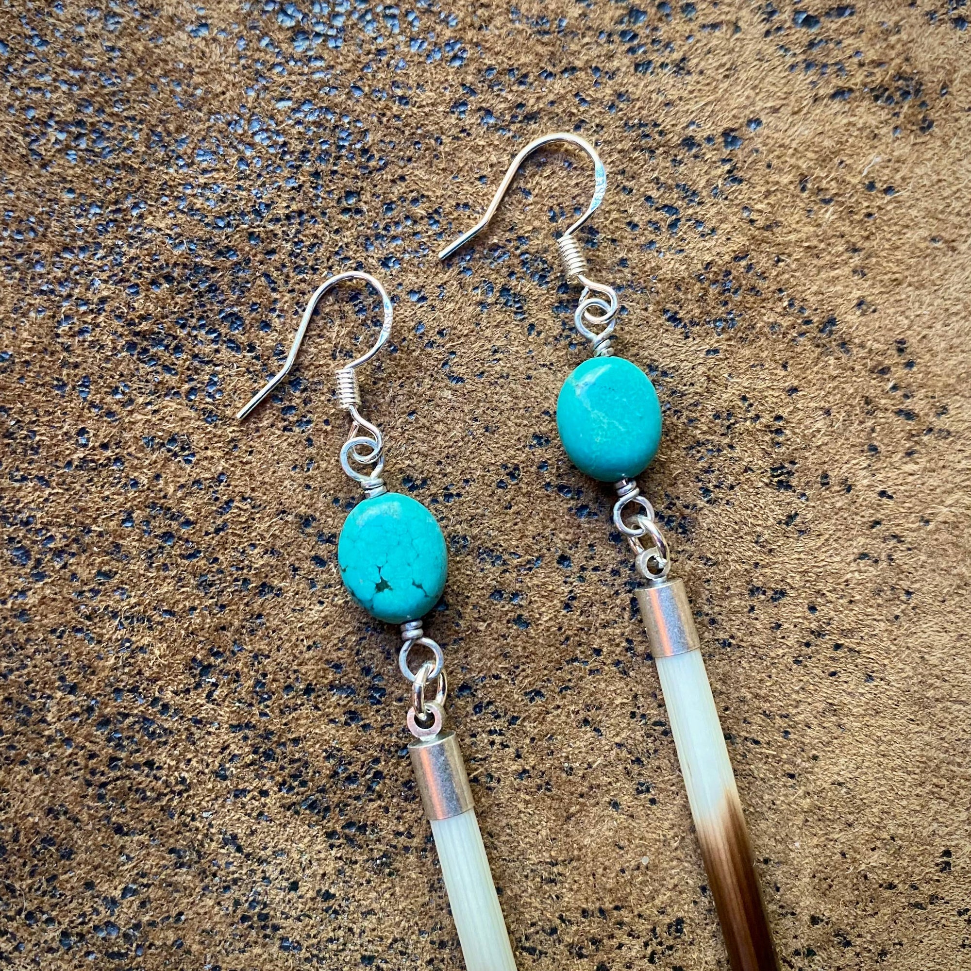 Porcupine Quill &amp; Turquoise Earrings, with Silver Earwires