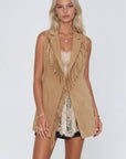 Suede Long Fringe Vest with Satin Lining- Fawn