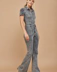 Short-Sleeve Denim Jumpsuit- Distressed Grey