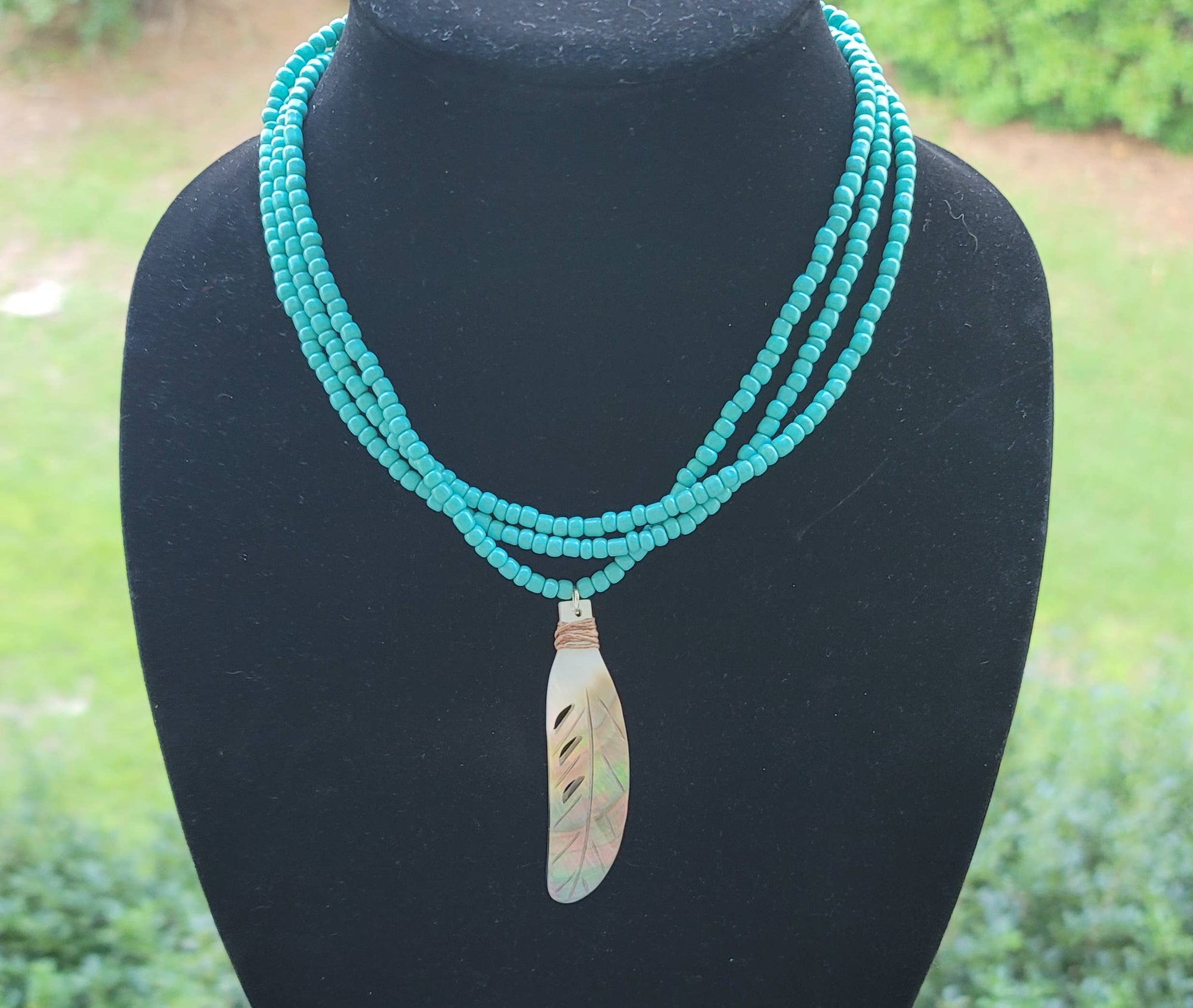 Turquoise Carved Shell Pendant Necklace- Native Made