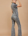 Short-Sleeve Denim Jumpsuit- Distressed Grey
