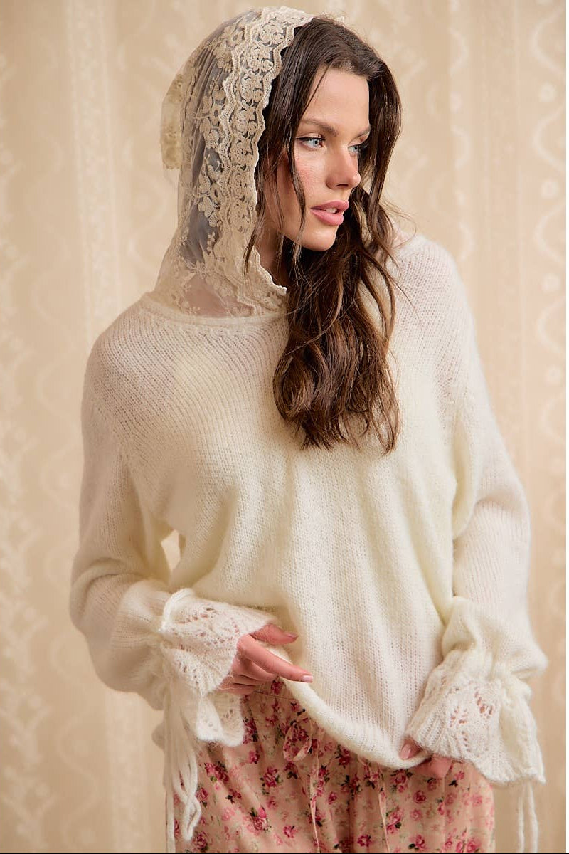 Ivory Sweater with Lace Hood-