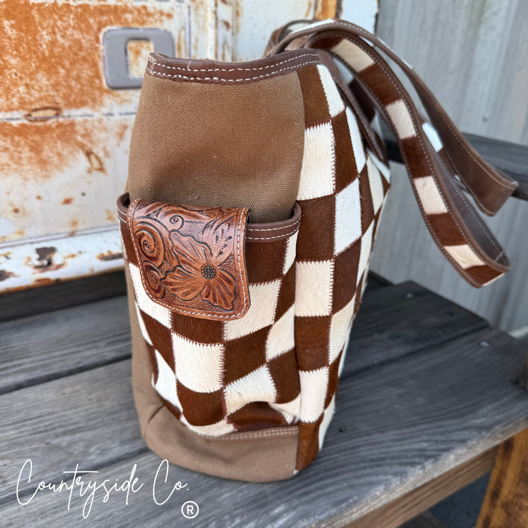 The Homestead Cowhide Checkered Tote Carryall: Black