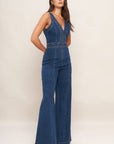 V-Neck Wide Leg Jumpsuit- Medium Indigo
