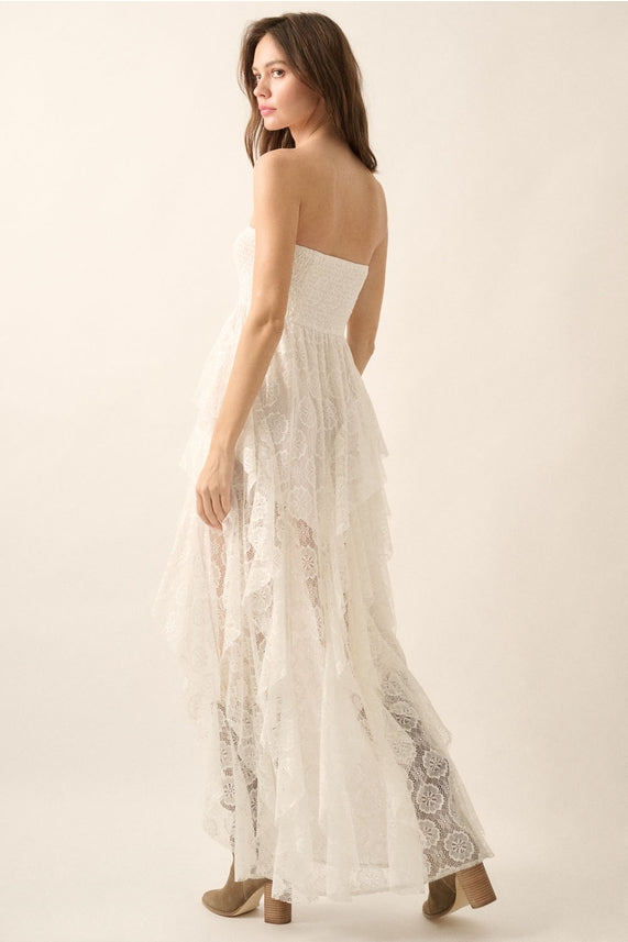 strapless lace high low dress Strapless Short Lace Prom Dress with Long Overskirt Black / 4
