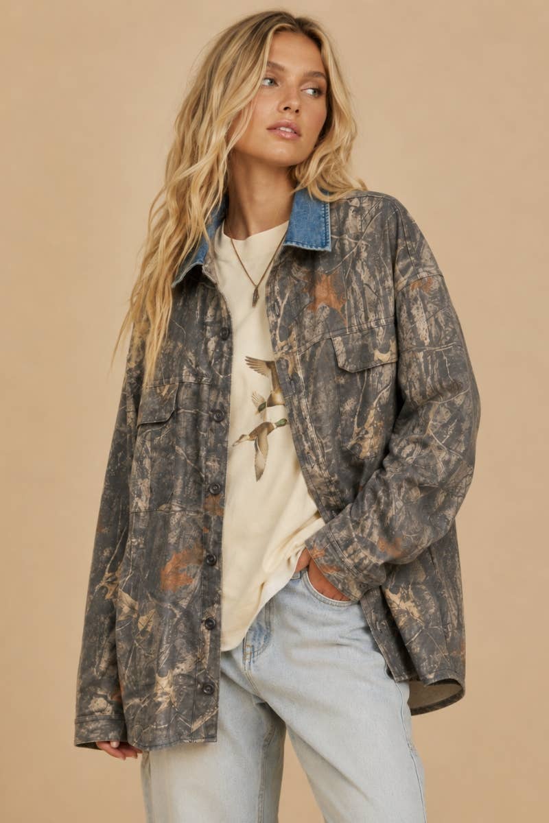 Denim Collar Camo Shacket-