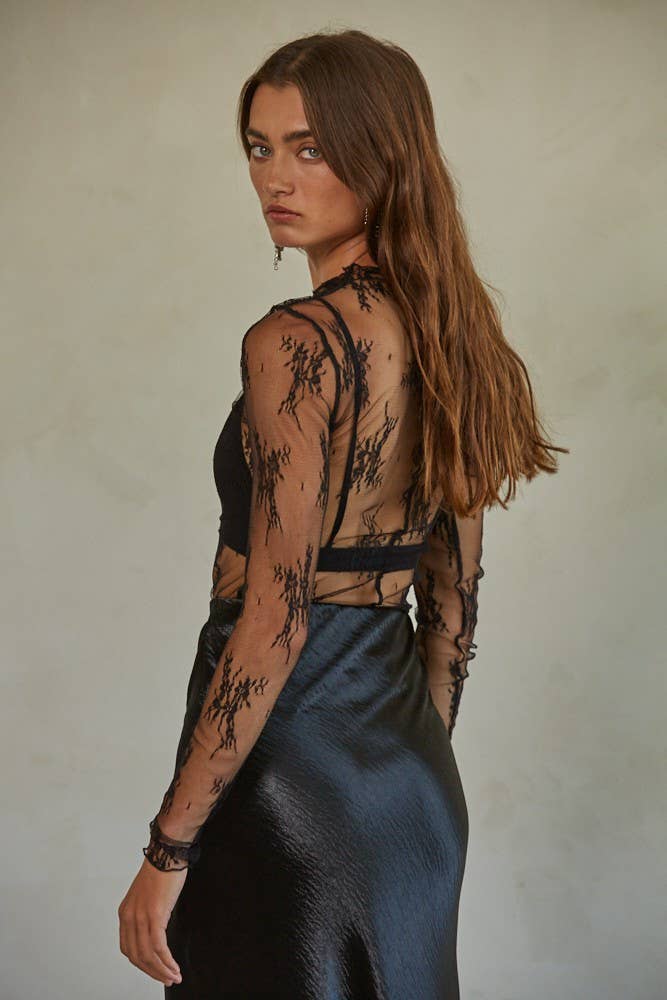 Sheer Layering Design Mesh Shirt- Black