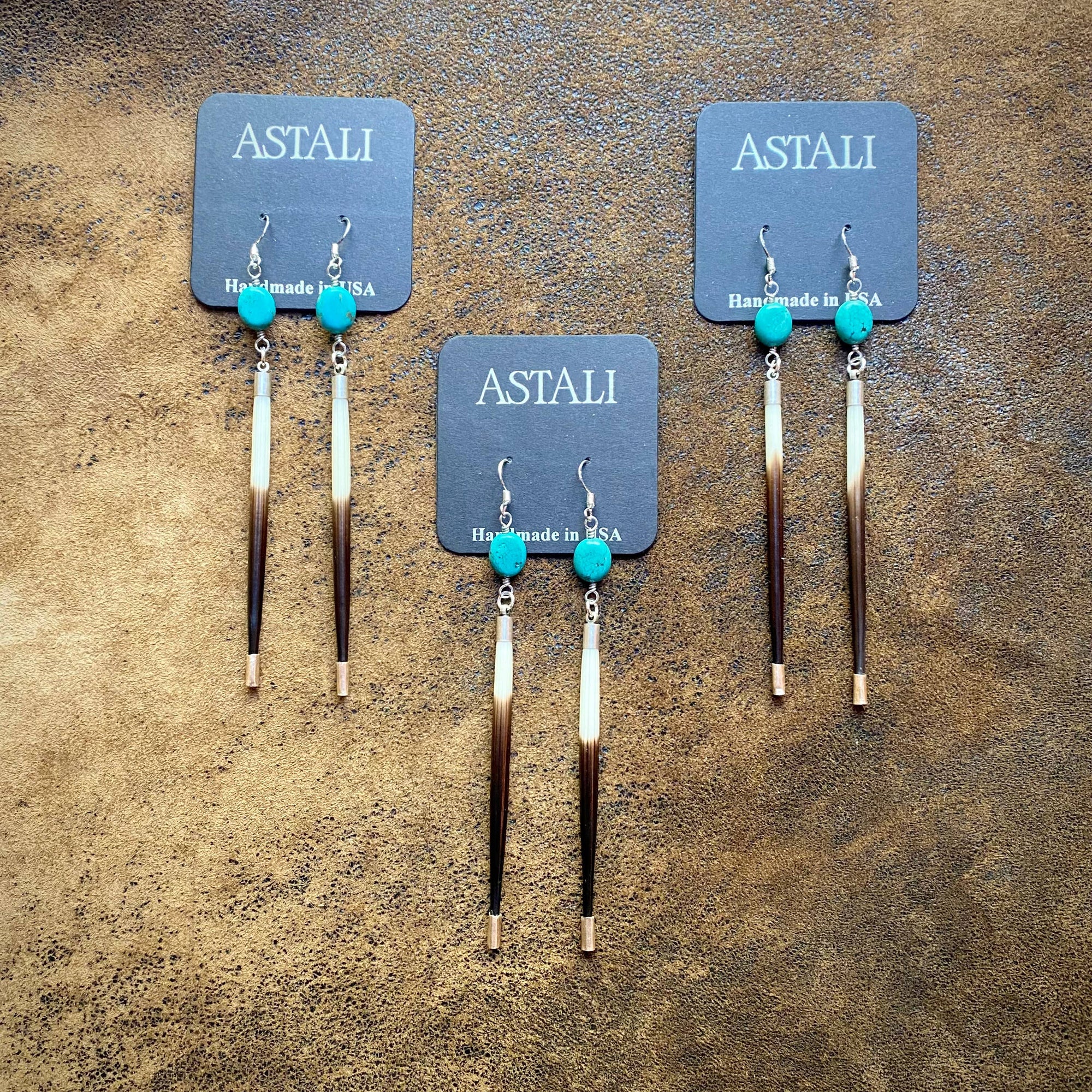 Porcupine Quill &amp; Turquoise Earrings, with Silver Earwires