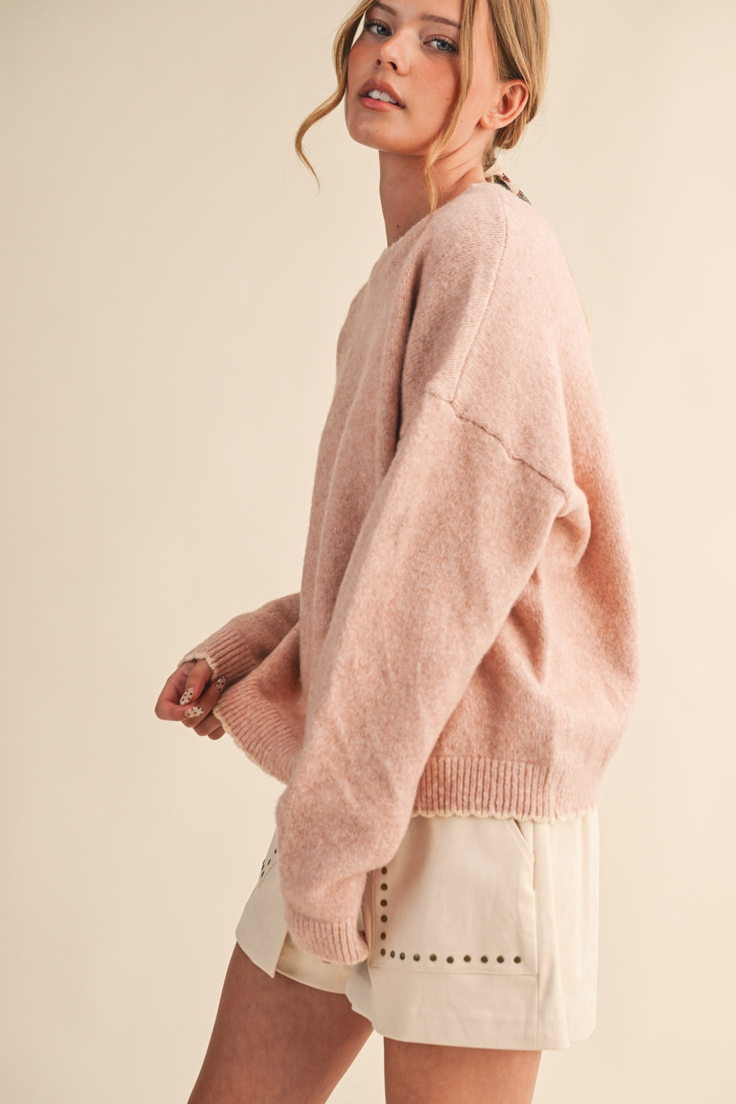 Contrast Scallop Sweater- Pink-