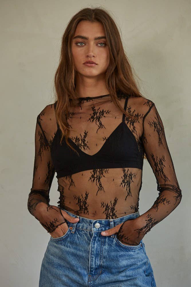 Sheer Layering Design Mesh Shirt- Black